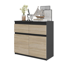 NOAH - Kommode / Sideboard mit 2 Schubladen und 2 Türen - Anthrazit Grau / Sonoma Eiche H75cm B80cm T35cm