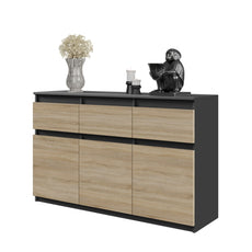 NOAH - Kommode / Sideboard mit 3 Schubladen und 3 Türen - Anthrazit Grau / Sonoma Eiche H75cm B120cm T35cm
