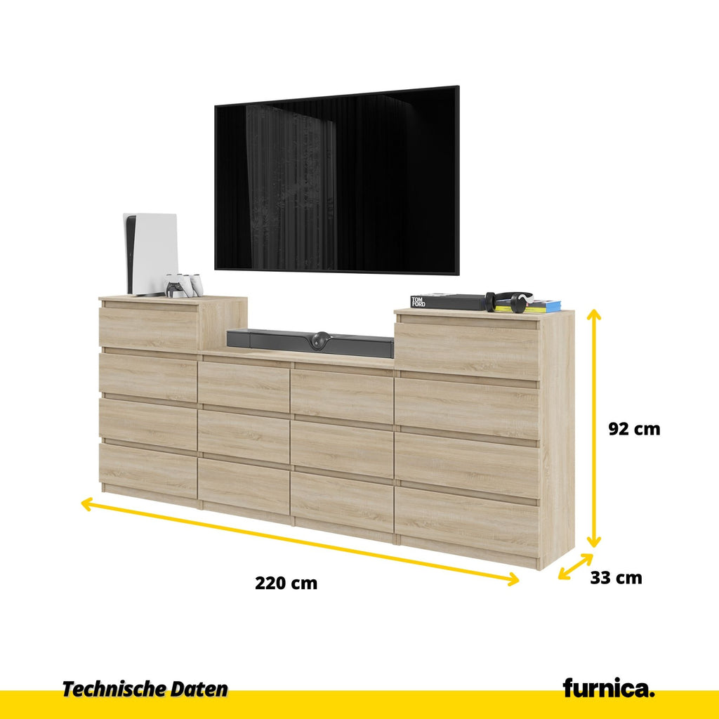 GABRIEL - Kommode / Sideboard mit 14 Schubladen (4+6+4) - Sonoma Eiche H92/70cm B220cm T33cm