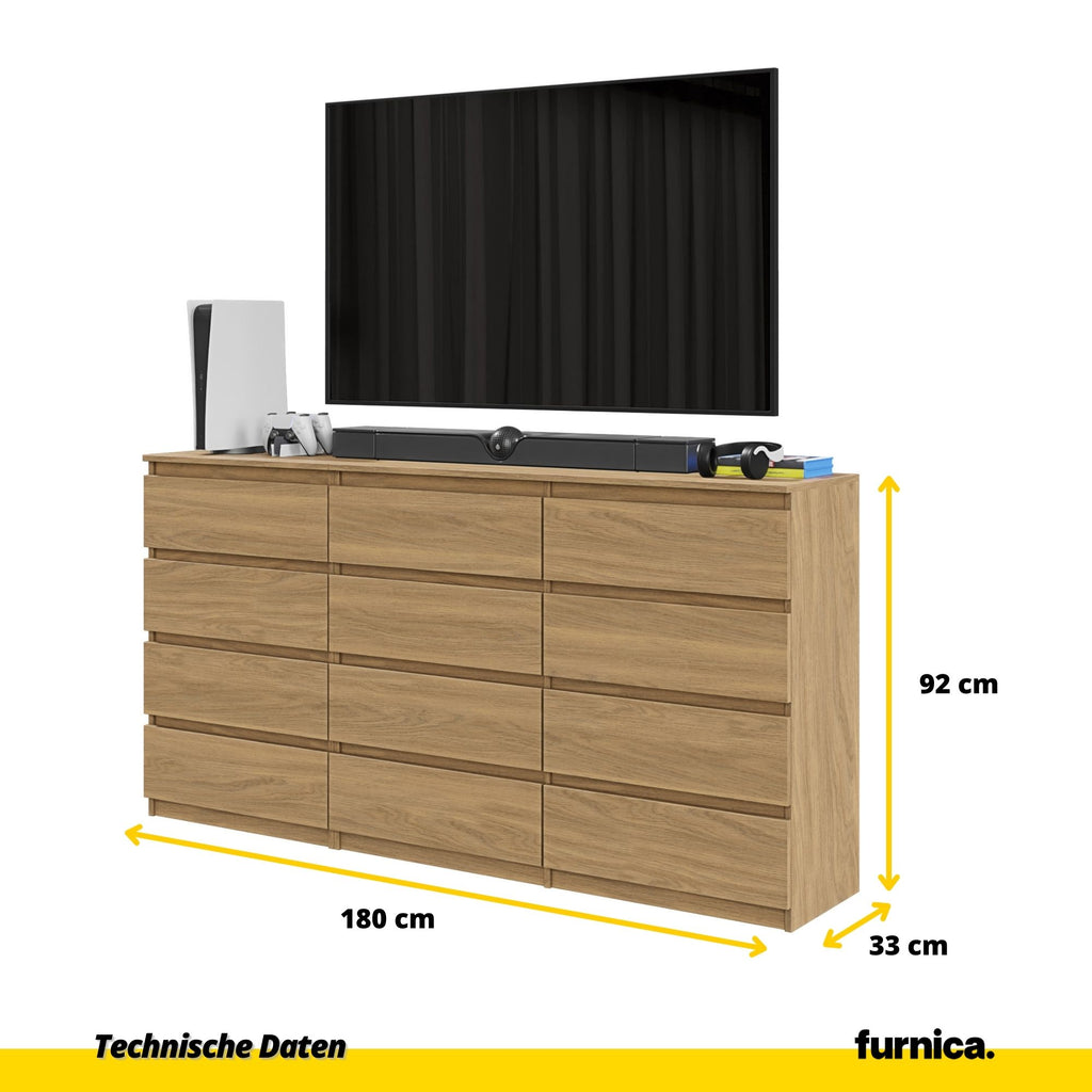 GABRIEL - Kommode / Sideboard mit 12 Schubladen (8+4) - Lancelot Eiche H92cm B180cm T33cm