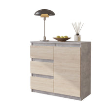 MIKEL - Kommode / Sideboard mit 3 Schubladen und 1 Tür - Beton-Optik / Sonoma Eiche H75cm B80cm T35cm