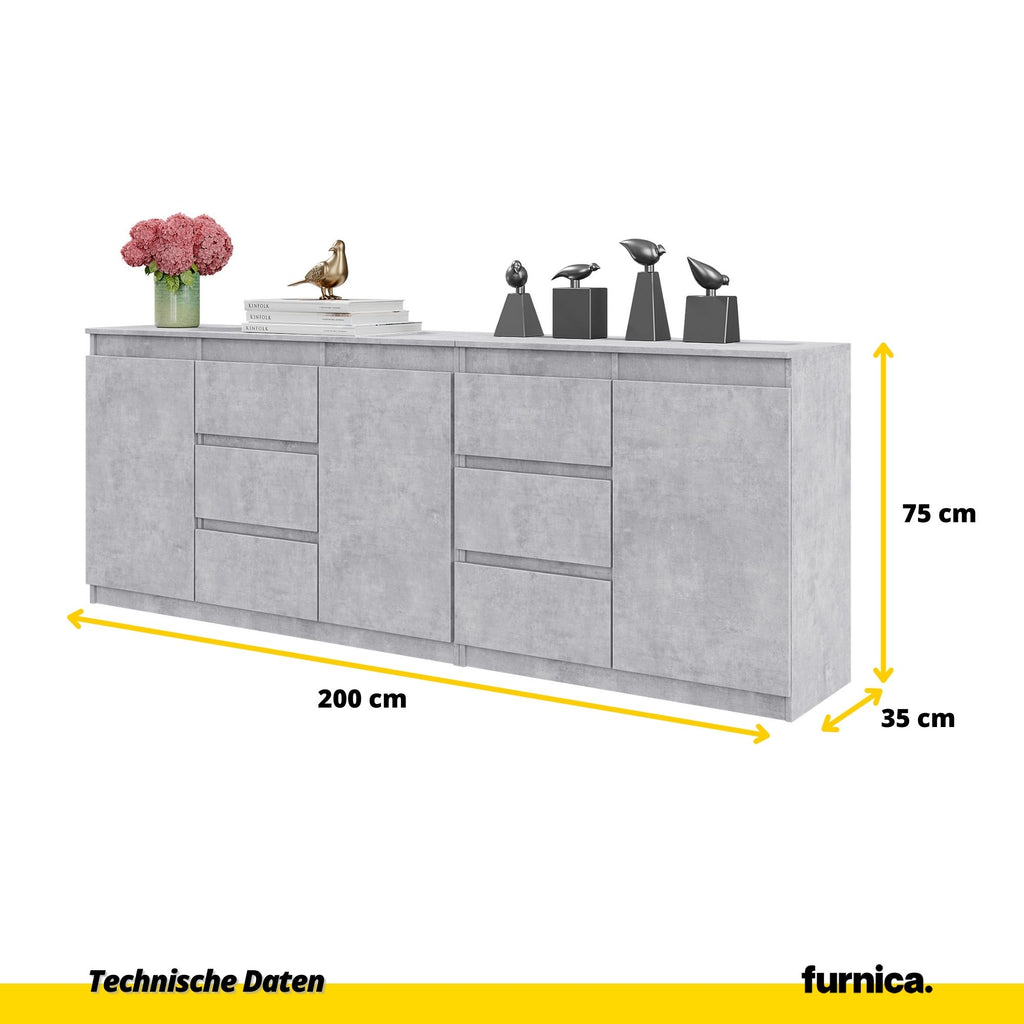 MIKEL - Kommode / Sideboard mit 6 Schubladen und 3 Tür - Beton-Optik H75cm B80cm T35cm