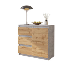 MIKEL - Kommode / Sideboard mit 3 Schubladen und 1 Tür - Beton-Optik / Wotan Eiche H75cm B80cm T35cm