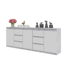 MIKEL - Kommode / Sideboard mit 6 Schubladen und 3 Tür - Beton-Optik / Weiß Matt H75cm B80cm T35cm