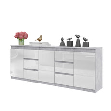 MIKEL - Kommode / Sideboard mit 6 Schubladen und 3 Tür - Beton-Optik / Weiß Gloss H75cm B80cm T35cm