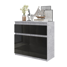 NOAH - Kommode / Sideboard mit 2 Schubladen und 2 Türen - Beton-Optik / Schwarz Gloss H75cm B80cm T35cm
