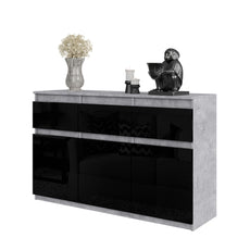 NOAH - Kommode / Sideboard mit 3 Schubladen und 3 Türen - Beton-Optik / Schwarz Gloss H75cm B120cm T35cm
