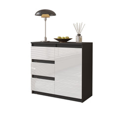 MIKEL - Kommode / Sideboard mit 3 Schubladen und 1 Tür - Anthrazit Grau / Weiß Gloss H75cm B80cm T35cm