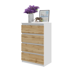 GABRIEL - Kommode / Sideboard mit 4 Schubladen - Weiß Matt / Wotan Eiche H92cm B60cm T33cm