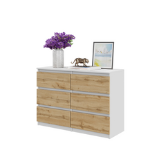 GABRIEL - Kommode / Sideboard mit 6 Schubladen - Weiß Matt / Wotan Eiche H71cm B100cm T33cm