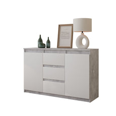MIKEL - Kommode / Sideboard mit 3 Schubladen und 2 Türen - Beton-Optik / Weiß Matt H75cm B120cm T35cm