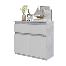 NOAH - Kommode / Sideboard mit 2 Schubladen und 2 Türen - Beton-Optik / Weiß Matt H75cm B80cm T35cm