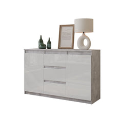 MIKEL - Kommode / Sideboard mit 3 Schubladen und 2 Türen - Beton-Optik / Weiß Gloss H75cm B120cm T35cm