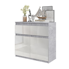 NOAH - Kommode / Sideboard mit 2 Schubladen und 2 Türen - Beton-Optik / Weiß Gloss H75cm B80cm T35cm