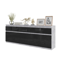 NOAH - Kommode / Sideboard mit 5 Schubladen und 5 Tür - Beton-Optik / Schwarz Gloss H75cm B80cm T35cm