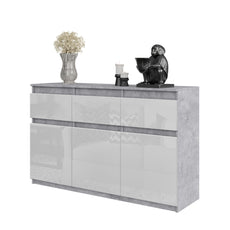 NOAH - Kommode / Sideboard mit 3 Schubladen und 3 Türen - Beton-Optik / Weiß Gloss H75cm B120cm T35cm