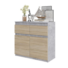 NOAH - Kommode / Sideboard mit 2 Schubladen und 2 Türen - Beton-Optik / Sonoma Eiche H75cm B80cm T35cm