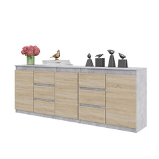 MIKEL - Kommode / Sideboard mit 6 Schubladen und 3 Tür - Beton-Optik / Sonoma Eiche H75cm B80cm T35cm