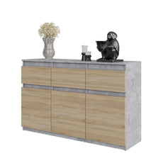NOAH - Kommode / Sideboard mit 3 Schubladen und 3 Türen - Beton-Optik / Sonoma Eiche H75cm B120cm T35cm