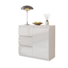 MIKEL - Kommode / Sideboard mit 3 Schubladen und 1 Tür - Weiß Matt / Weiß Gloss H75cm B80cm T35cm
