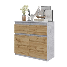 NOAH - Kommode / Sideboard mit 2 Schubladen und 2 Türen - Beton-Optik / Wotan Eiche H75cm B80cm T35cm