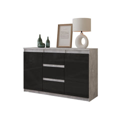 MIKEL - Kommode / Sideboard mit 3 Schubladen und 2 Türen - Beton-Optik / Schwarz Gloss H75cm B120cm T35cm