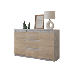 MIKEL - Kommode / Sideboard mit 3 Schubladen und 2 Türen - Beton-Optik / Sonoma Eiche H75cm B120cm T35cm