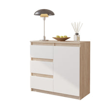 MIKEL - Kommode / Sideboard mit 3 Schubladen und 1 Tür - Sonoma Eiche / Weiß Matt H75cm B80cm T35cm
