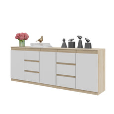 MIKEL - Kommode / Sideboard mit 6 Schubladen und 3 Tür - Sonoma Eiche / Weiß Matt H75cm B80cm T35cm