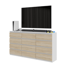 GABRIEL - Kommode / Sideboard mit 12 Schubladen (8+4) - Weiß Matt / Sonoma Eiche H92cm B180cm T33cm