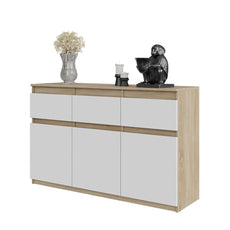 NOAH - Kommode / Sideboard mit 3 Schubladen und 3 Türen - Sonoma Eiche / Weiß Matt H75cm B120cm T35cm