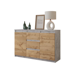 MIKEL - Kommode / Sideboard mit 3 Schubladen und 2 Türen - Beton-Optik / Wotan Eiche H75cm B120cm T35cm