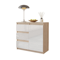 MIKEL - Kommode / Sideboard mit 3 Schubladen und 1 Tür - Sonoma Eiche / Weiß Gloss H75cm B80cm T35cm