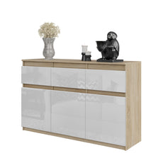 NOAH - Kommode / Sideboard mit 3 Schubladen und 3 Türen - Sonoma Eiche / Weiß Gloss H75cm B120cm T35cm