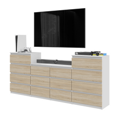 GABRIEL - Kommode / Sideboard mit 14 Schubladen (4+6+4) - Weiß Matt / Sonoma Eiche H92/70cm B220cm T33cm