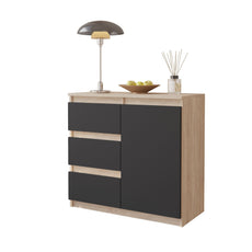 MIKEL - Kommode / Sideboard mit 3 Schubladen und 1 Tür - Sonoma Eiche / Anthrazit Grau H75cm B80cm T35cm
