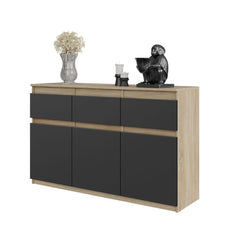 NOAH - Kommode / Sideboard mit 3 Schubladen und 3 Türen - Sonoma Eiche / Anthrazit Grau H75cm B120cm T35cm