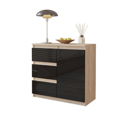 MIKEL - Kommode / Sideboard mit 3 Schubladen und 1 Tür - Sonoma Eiche / Schwarz Gloss H75cm B80cm T35cm