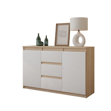 MIKEL - Kommode / Sideboard mit 3 Schubladen und 2 Türen - Sonoma Eiche / Weiß Matt H75cm B120cm T35cm