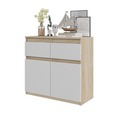 NOAH - Kommode / Sideboard mit 2 Schubladen und 2 Türen - Sonoma Eiche / Weiß Matt H75cm B80cm T35cm