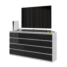 GABRIEL - Kommode / Sideboard mit 12 Schubladen (8+4) - Beton-Optik / Schwarz Gloss H92cm B180cm T33cm