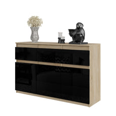 NOAH - Kommode / Sideboard mit 3 Schubladen und 3 Türen - Sonoma Eiche / Schwarz Gloss H75cm B120cm T35cm
