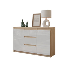 MIKEL - Kommode / Sideboard mit 3 Schubladen und 2 Türen - Sonoma Eiche / Weiß Gloss H75cm B120cm T35cm