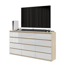 GABRIEL - Kommode / Sideboard mit 12 Schubladen (8+4) - Sonoma Eiche / Weiß Gloss H92cm B180cm T33cm
