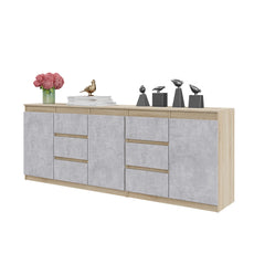 MIKEL - Kommode / Sideboard mit 6 Schubladen und 3 Tür - Sonoma Eiche / Beton-Optik H75cm B80cm T35cm