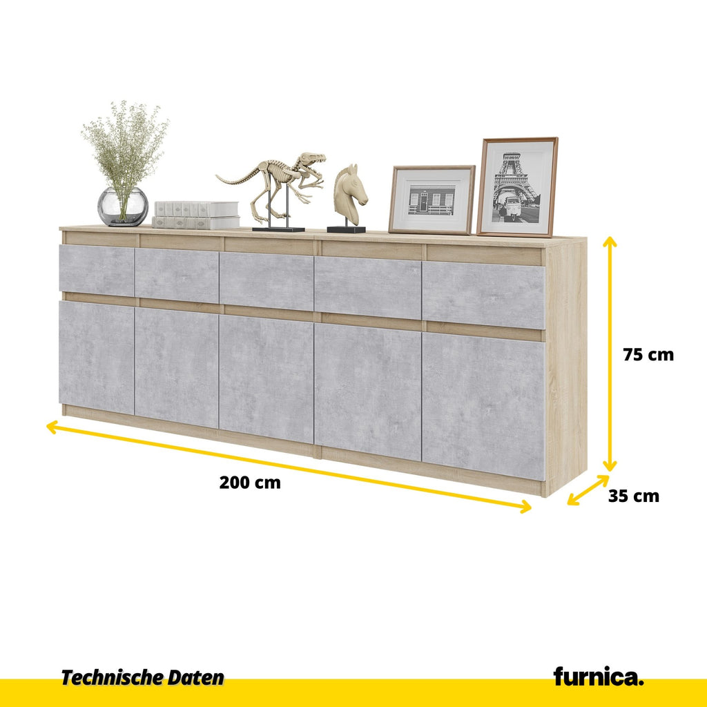 NOAH - Kommode / Sideboard mit 5 Schubladen und 5 Tür - Sonoma Eiche / Beton-Optik H75cm B80cm T35cm