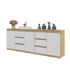 MIKEL - Kommode / Sideboard mit 6 Schubladen und 3 Tür - Wotan Eiche / Weiß Matt H75cm B80cm T35cm