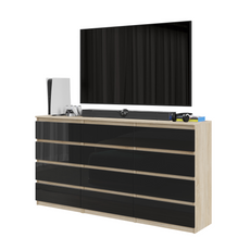GABRIEL - Kommode / Sideboard mit 12 Schubladen (8+4) - Sonoma Eiche / Schwarz Gloss H92cm B180cm T33cm
