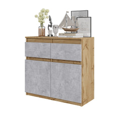 NOAH - Kommode / Sideboard mit 2 Schubladen und 2 Türen - Wotan Eiche / Beton-Optik H75cm B80cm T35cm