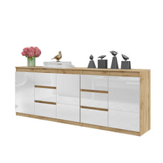 MIKEL - Kommode / Sideboard mit 6 Schubladen und 3 Tür - Wotan Eiche / Weiß Gloss H75cm B80cm T35cm